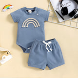 Rainbow Waffle Four-color Side Button Short Sleeve Baby Bodysuit Shorts Set