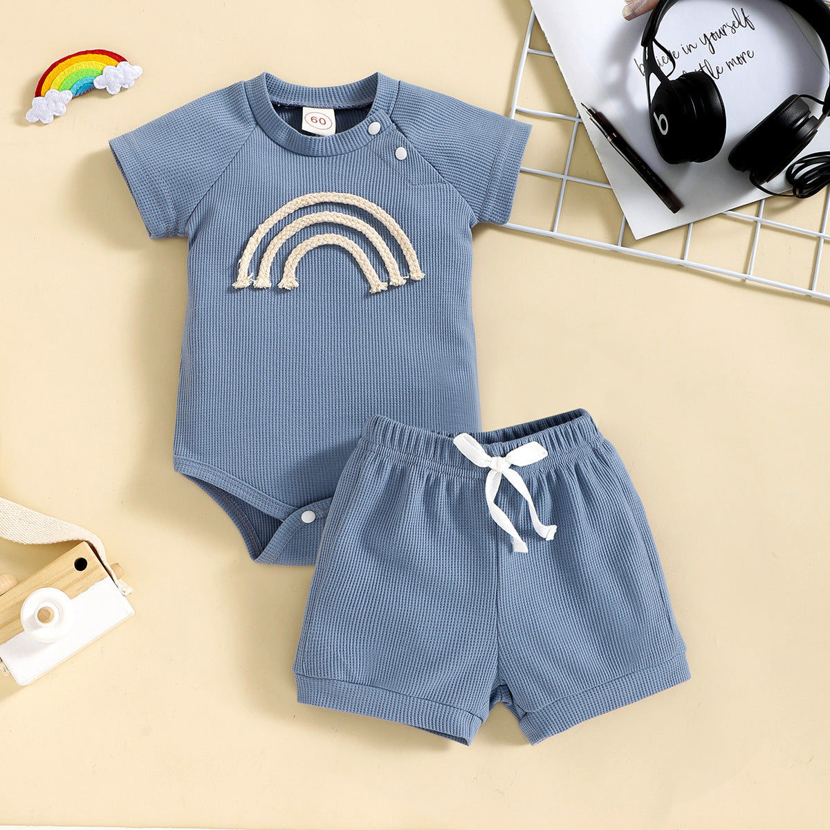Rainbow Waffle Four-color Side Button Short Sleeve Baby Bodysuit Shorts Set