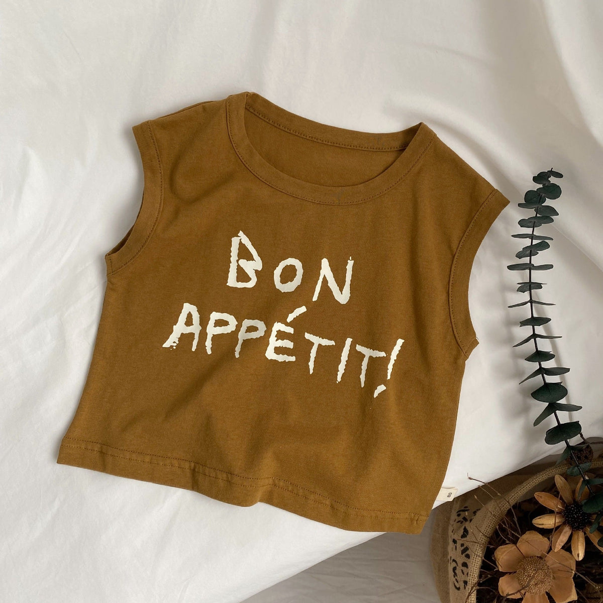 Three Little Tots Children's Letter Printed Sleeveless Vest For Boys And Girls Loose Casual Top, in Yellowish Brown