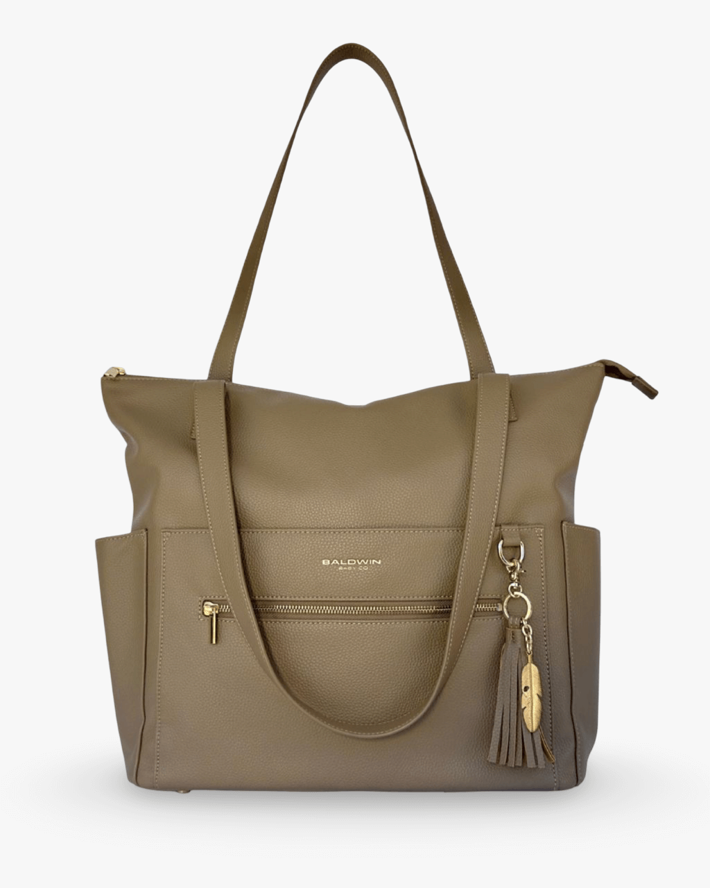 Brown handbag with a visible brand logo on a white background