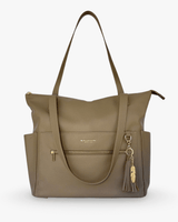 Brown handbag with a visible brand logo on a white background