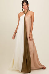 Three Little Tots Olive Colorblock Pleated Halter Neck Maternity Maxi Dress, additional view