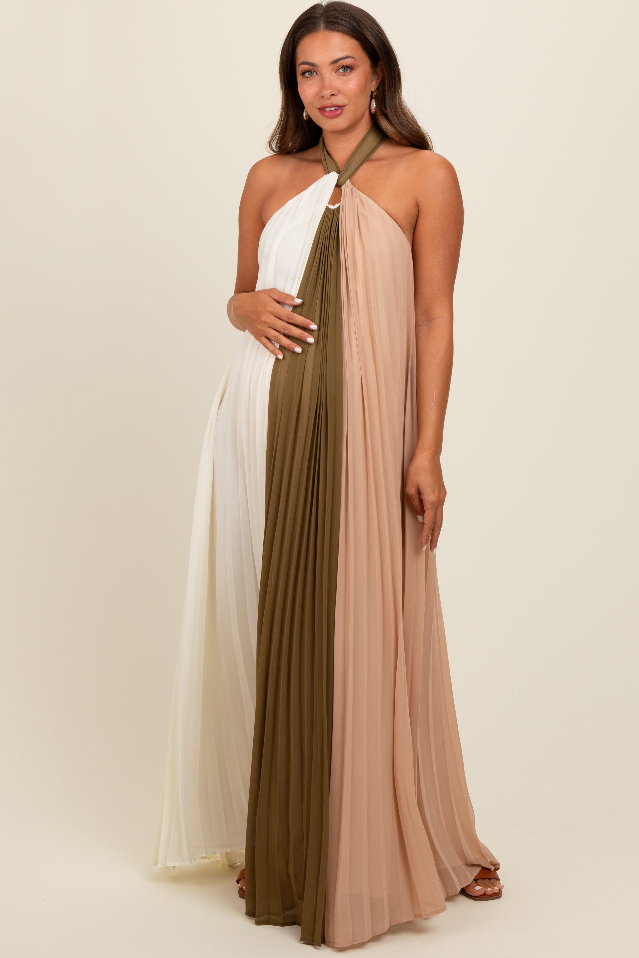 Three Little Tots Olive Colorblock Pleated Halter Neck Maternity Maxi Dress