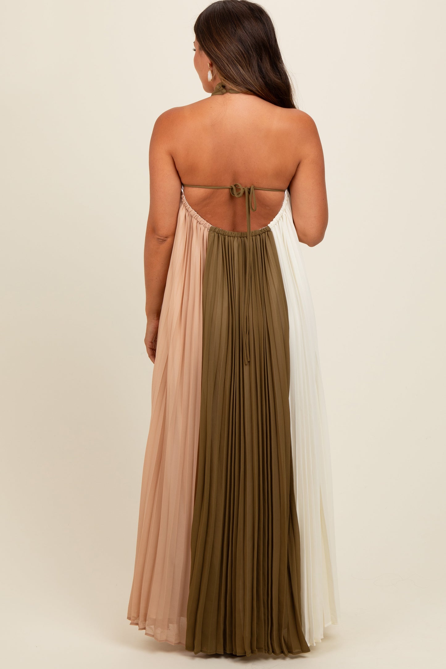 Three Little Tots Olive Colorblock Pleated Halter Neck Maternity Maxi Dress, additional product photo