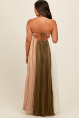 Three Little Tots Olive Colorblock Pleated Halter Neck Maternity Maxi Dress, additional product photo