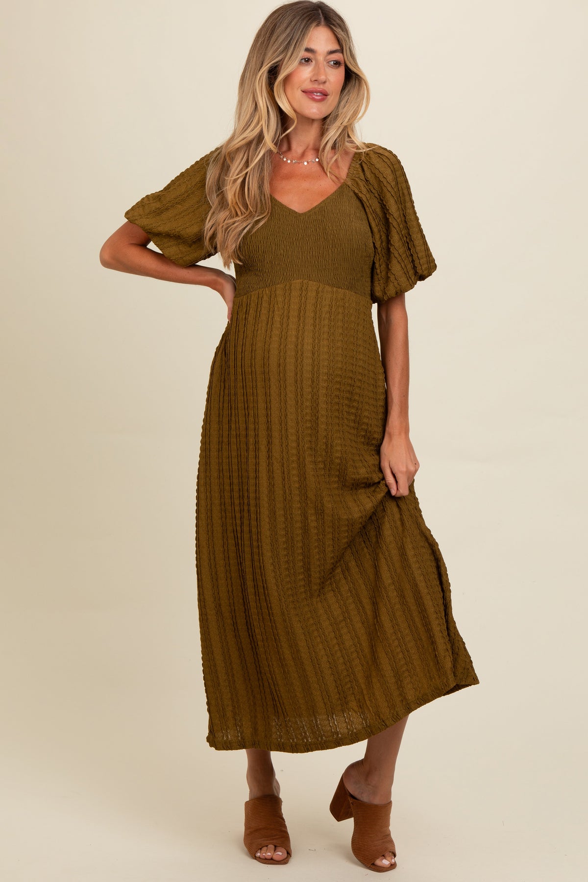 Three Little Tots Olive Smocked V-Neck Short Puff Sleeve Textured Maternity Midi Dress