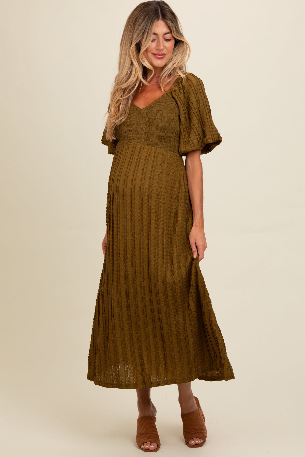 Three Little Tots Olive Smocked V-Neck Short Puff Sleeve Textured Maternity Midi Dress, additional product photo