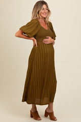 Three Little Tots Olive Smocked V-Neck Short Puff Sleeve Textured Maternity Midi Dress, alternate angle