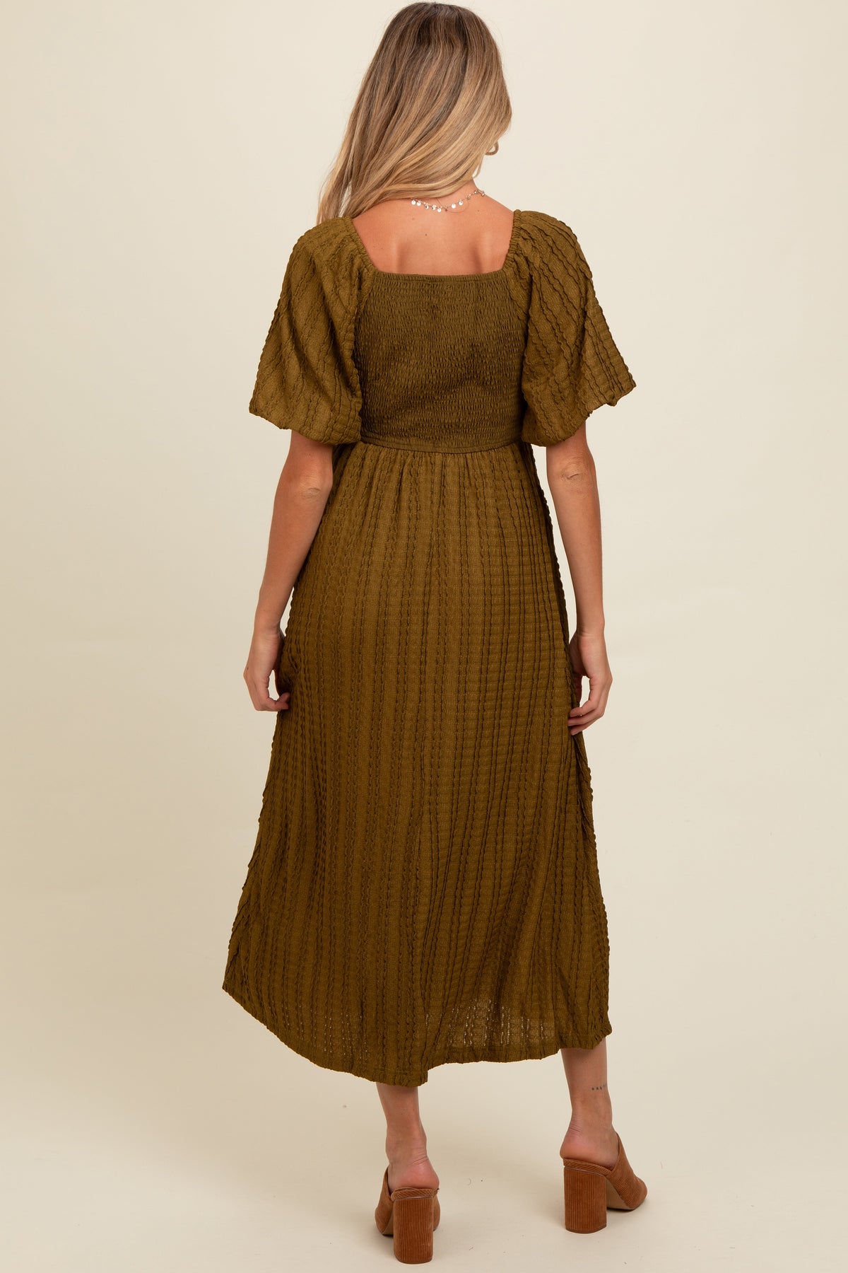 Three Little Tots Olive Smocked V-Neck Short Puff Sleeve Textured Maternity Midi Dress, additional view