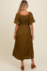 Three Little Tots Olive Smocked V-Neck Short Puff Sleeve Textured Maternity Midi Dress, additional view