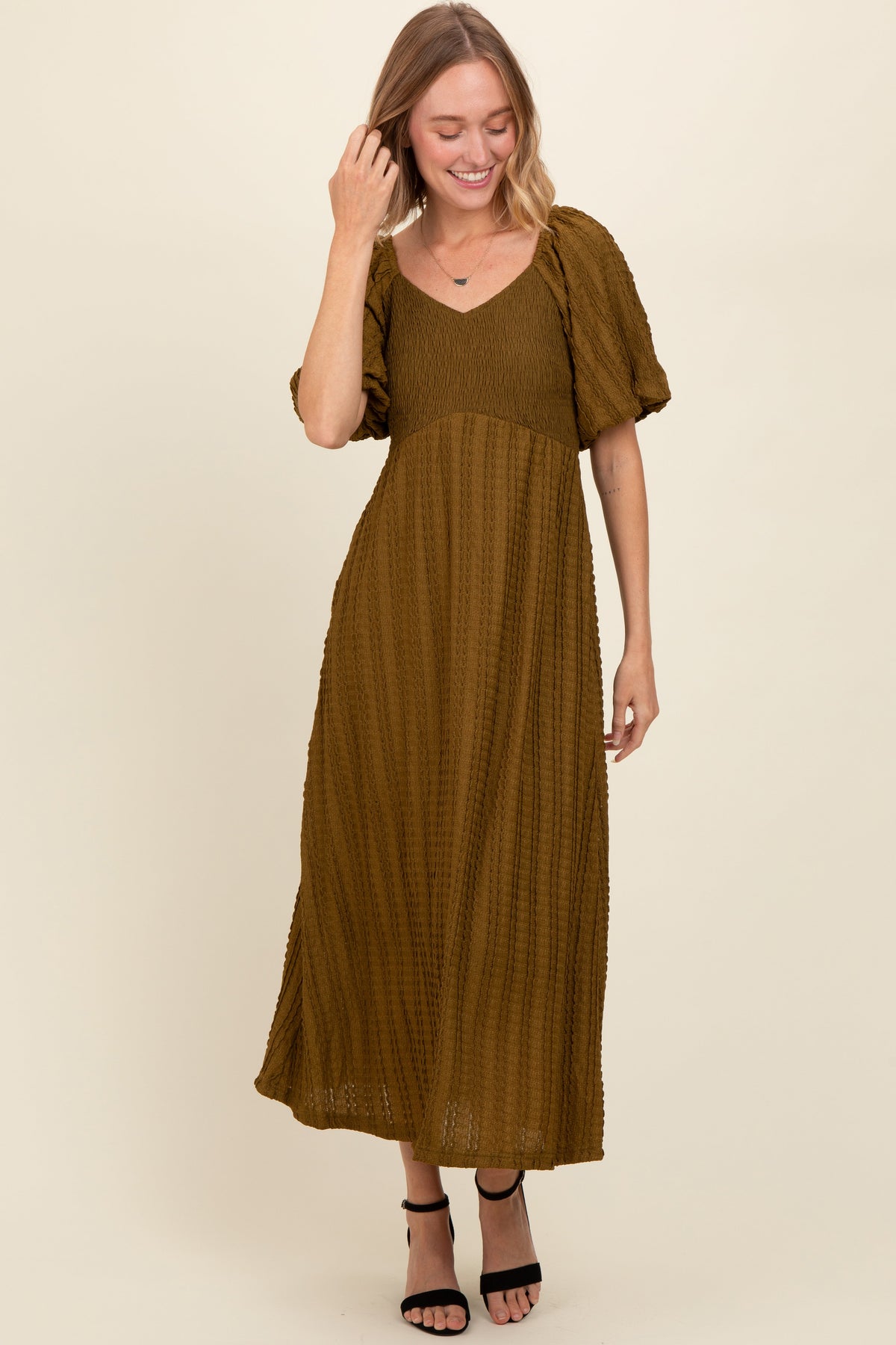 Three Little Tots Olive Smocked V-Neck Short Puff Sleeve Textured Maternity Midi Dress, extra product detail