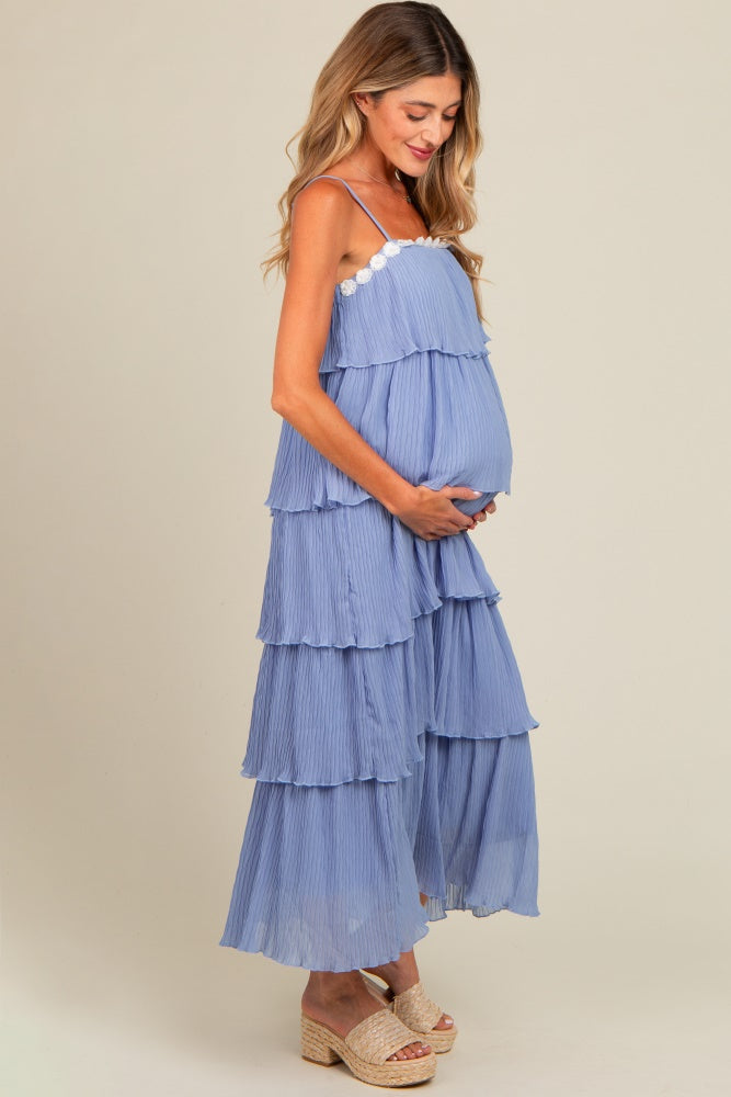 Three Little Tots Periwinkle Ruffle Tiered Maternity Maxi Dress, alternate angle
