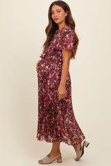 Maroon Floral Pleated Maternity Midi Dress