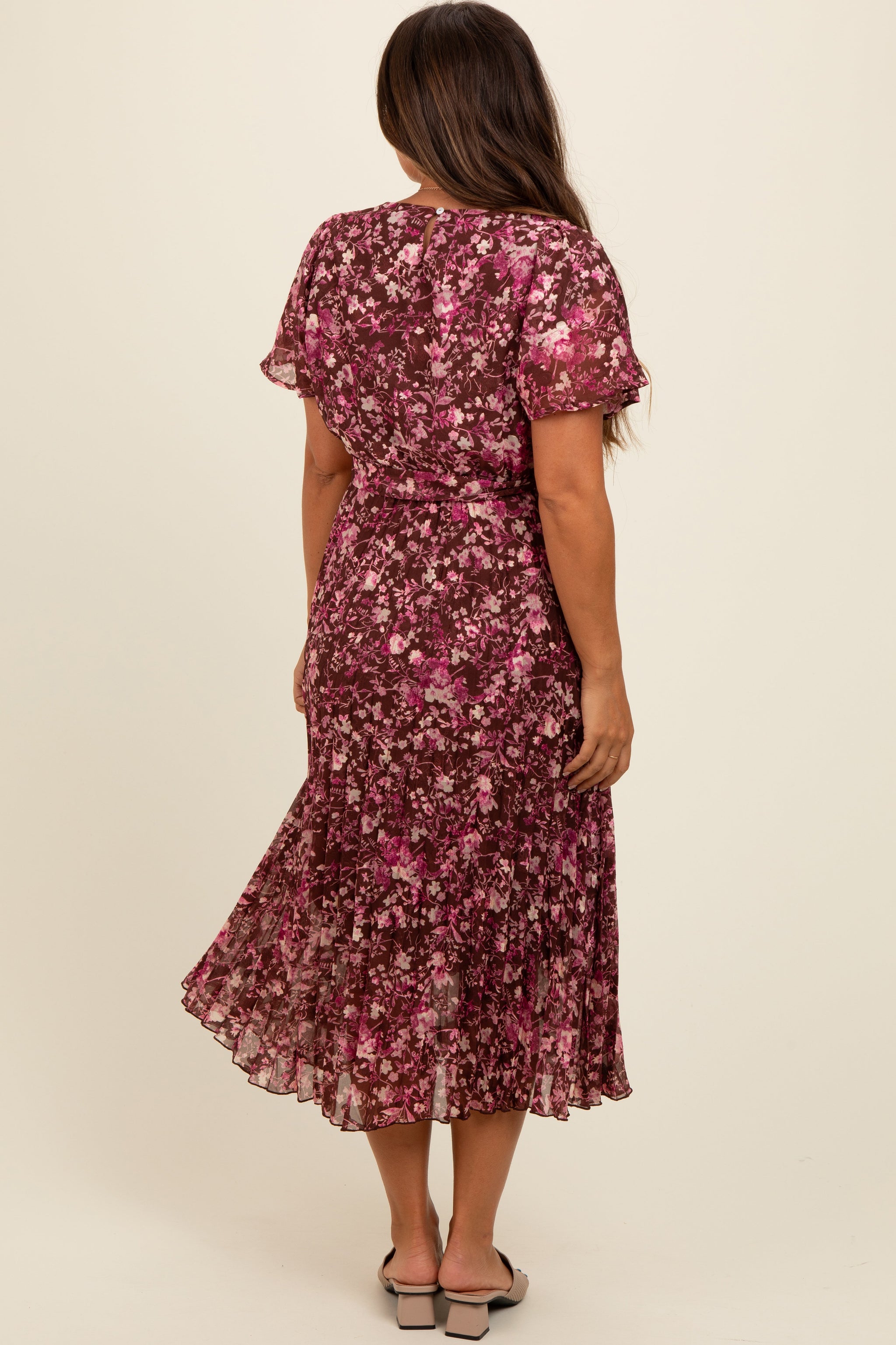 Maroon Floral Pleated Maternity Midi Dress