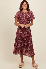 Maroon Floral Pleated Maternity Midi Dress