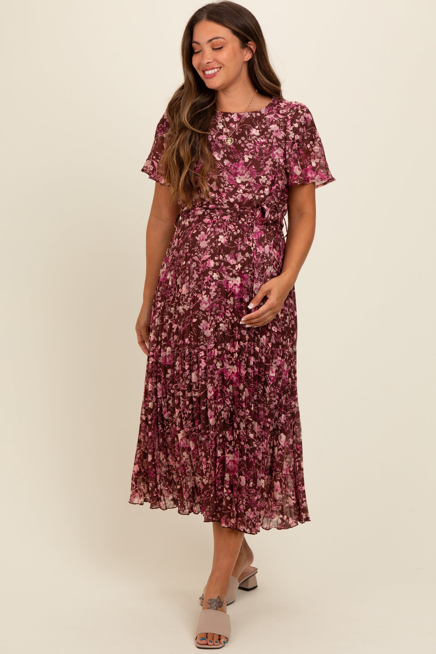Maroon Floral Pleated Maternity Midi Dress