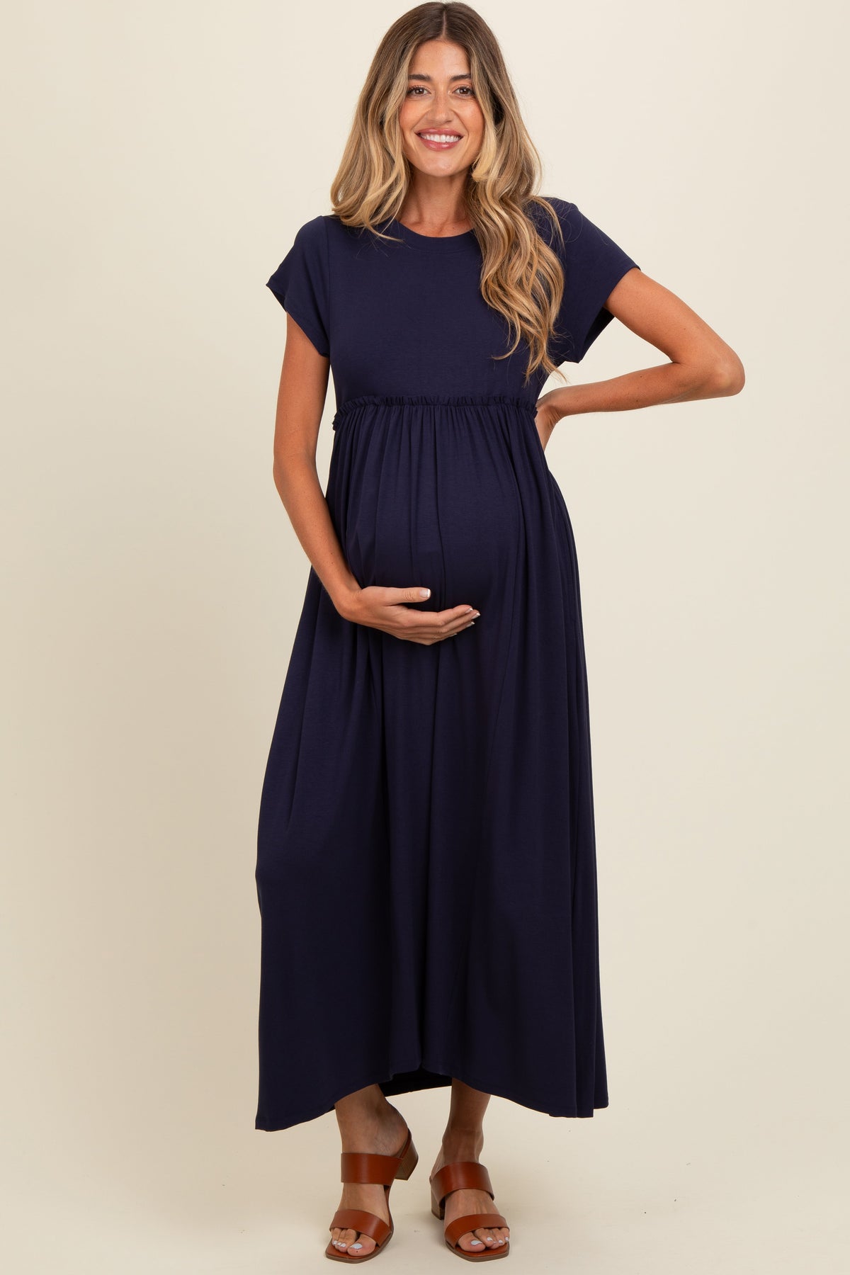 Three Little Tots Navy Ruffle Trim Maternity Maxi Dress