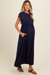 Three Little Tots Navy Ruffle Trim Maternity Maxi Dress, alternate angle
