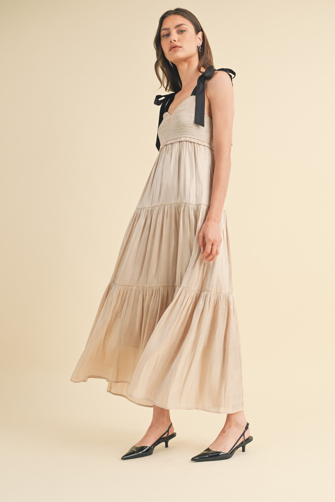 Three Little Tots Beige Tiered Satin Tie-Strap Maternity Maxi Dress, additional view