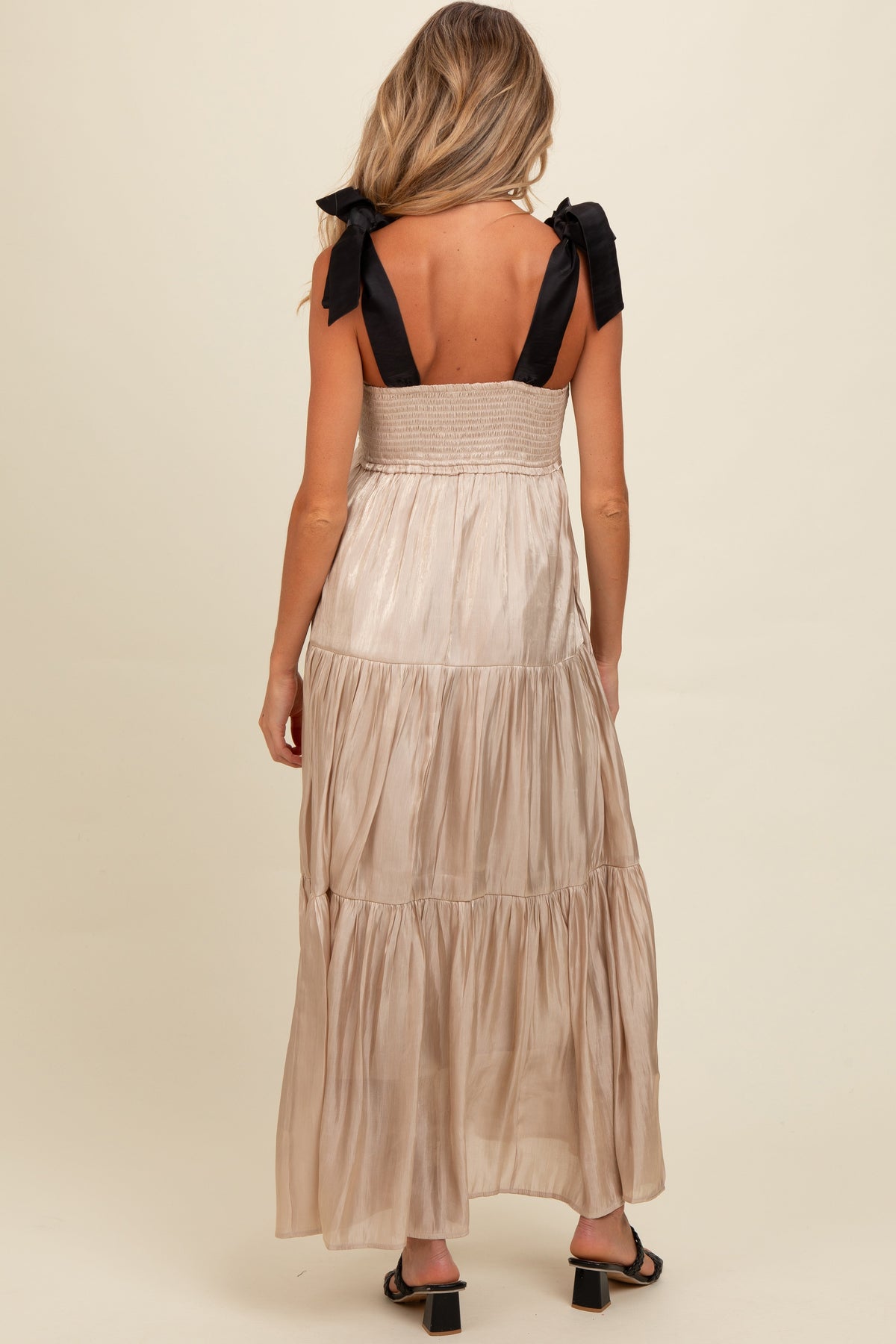 Three Little Tots Beige Tiered Satin Tie-Strap Maternity Maxi Dress, alternate angle