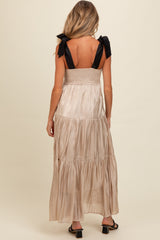 Three Little Tots Beige Tiered Satin Tie-Strap Maternity Maxi Dress, alternate angle