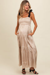 Three Little Tots Beige Tiered Satin Tie-Strap Maternity Maxi Dress, additional product photo