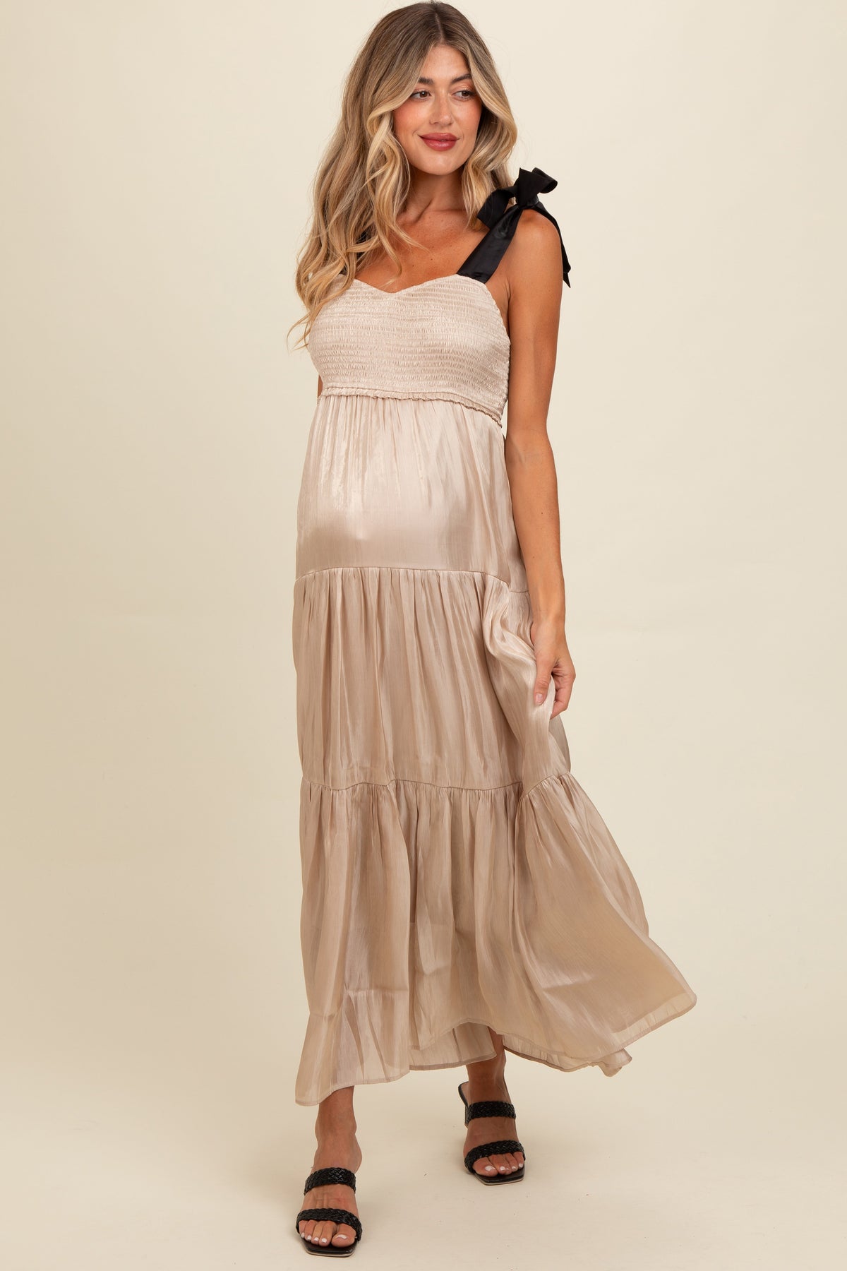 Three Little Tots Beige Tiered Satin Tie-Strap Maternity Maxi Dress