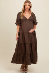 Three Little Tots Brown Deep V-Neck Tiered Maternity Maxi Dress, additional product photo