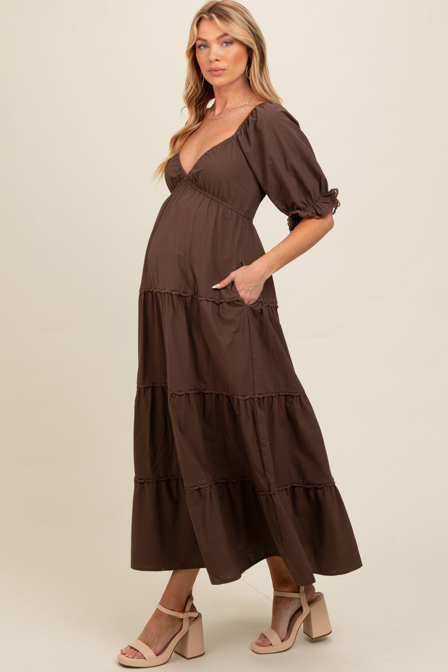 Three Little Tots Brown Deep V-Neck Tiered Maternity Maxi Dress