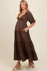 Three Little Tots Brown Deep V-Neck Tiered Maternity Maxi Dress