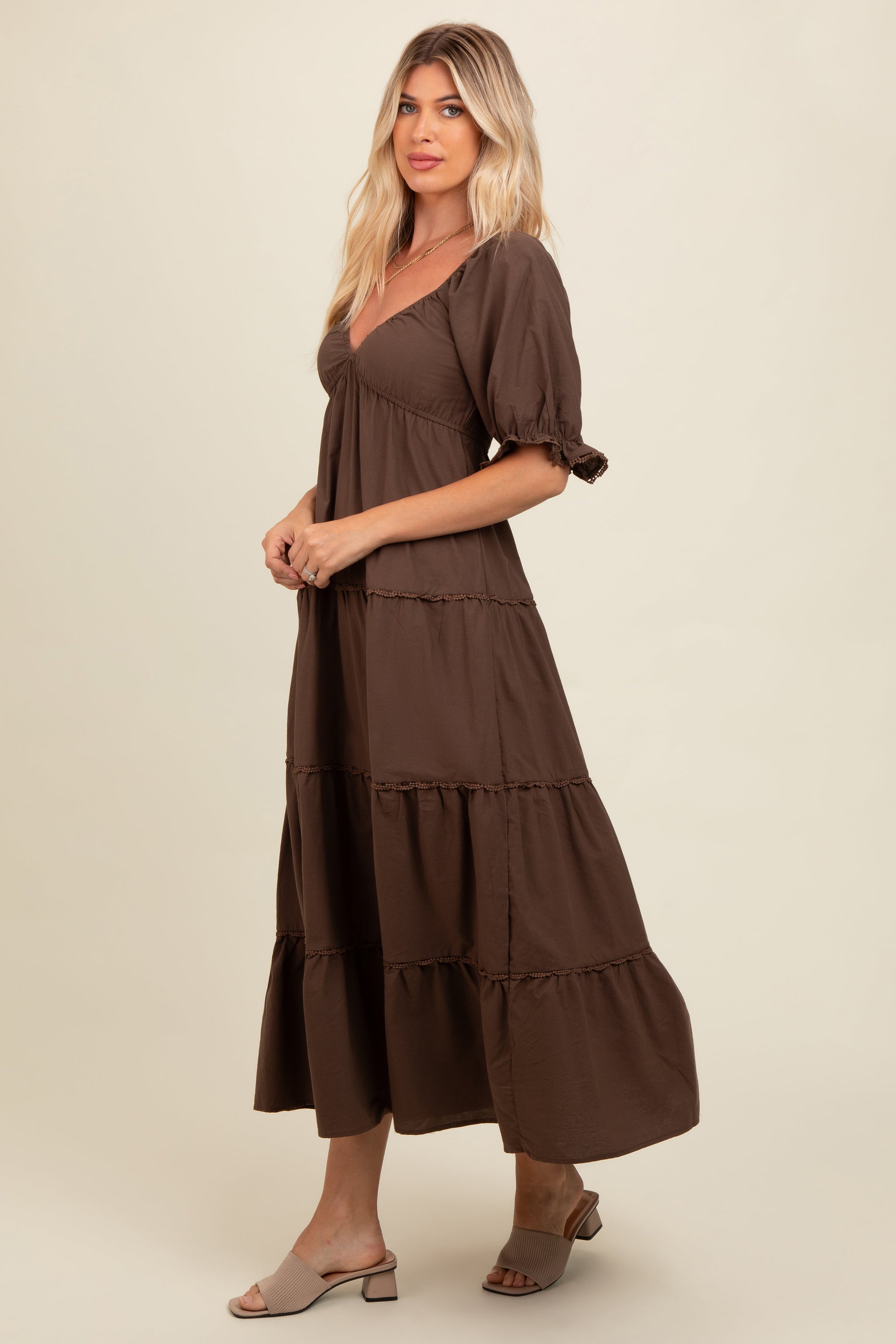 Three Little Tots Brown Deep V-Neck Tiered Maternity Maxi Dress, extra product detail
