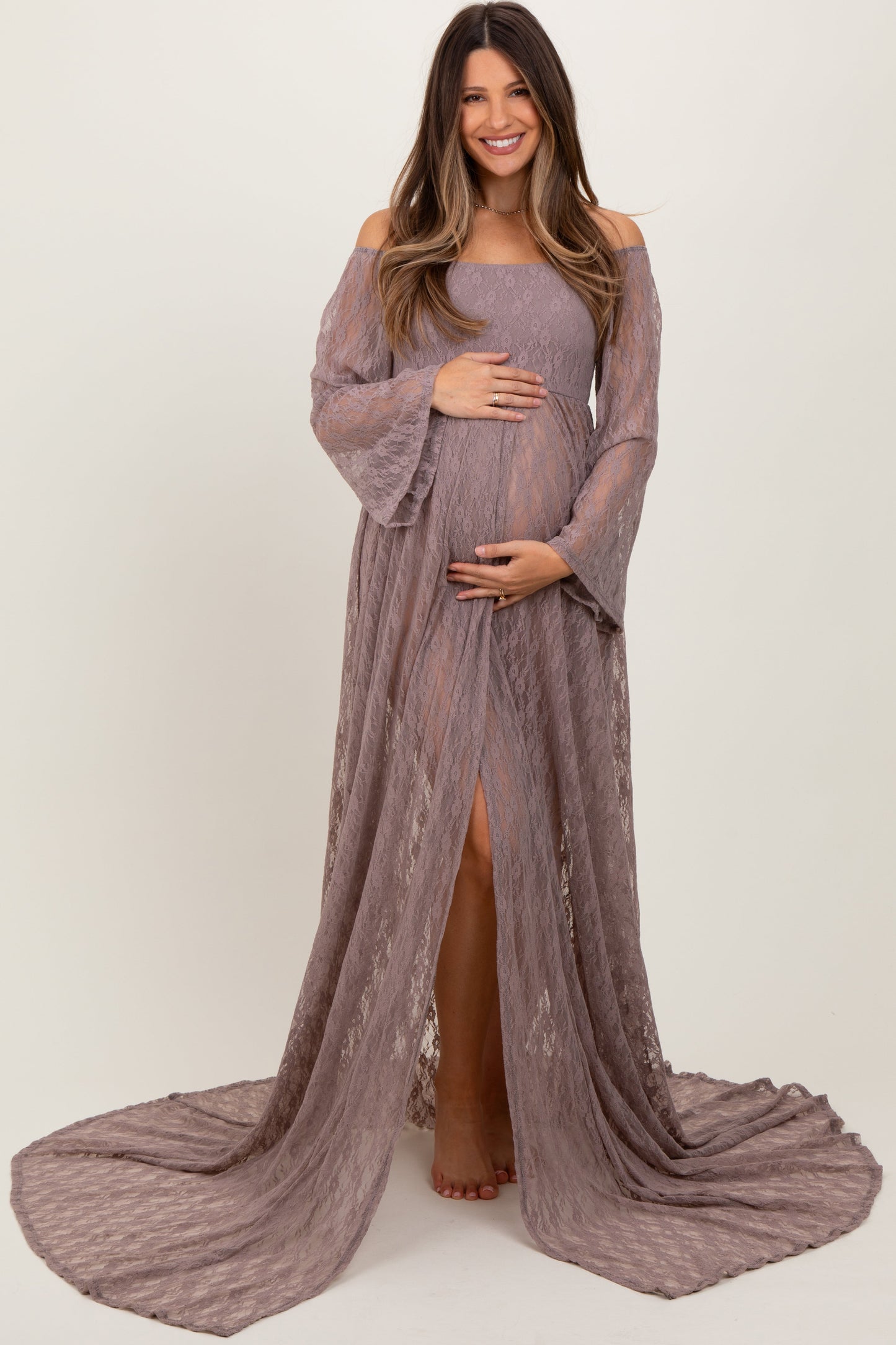 Three Little Tots Mocha Lace Off Shoulder Maternity Photoshoot Gown Dress, additional product photo