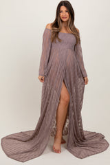 Three Little Tots Mocha Lace Off Shoulder Maternity Photoshoot Gown Dress, alternate angle