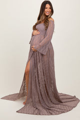 Three Little Tots Mocha Lace Off Shoulder Maternity Photoshoot Gown Dress