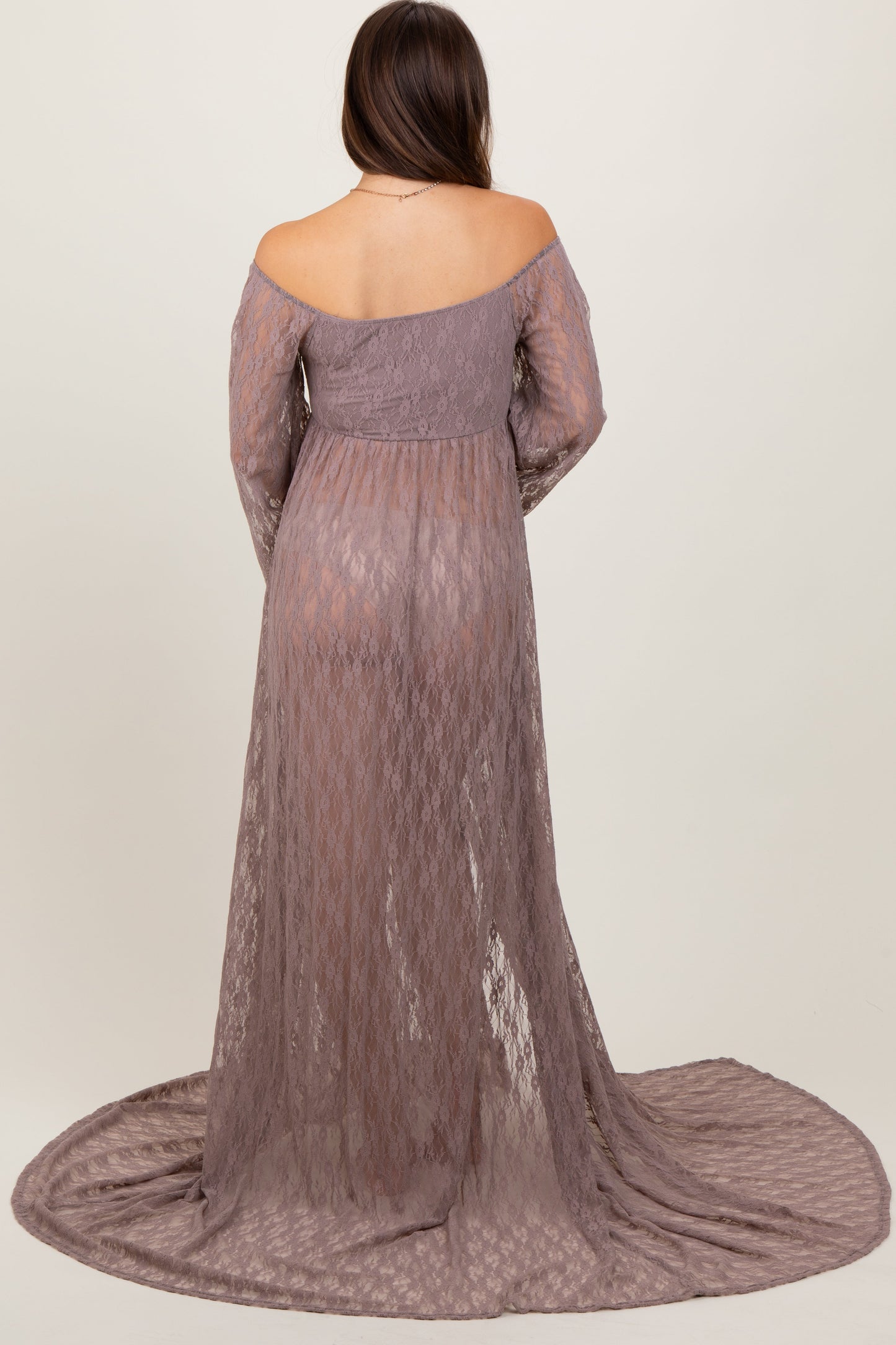 Three Little Tots Mocha Lace Off Shoulder Maternity Photoshoot Gown Dress, additional view