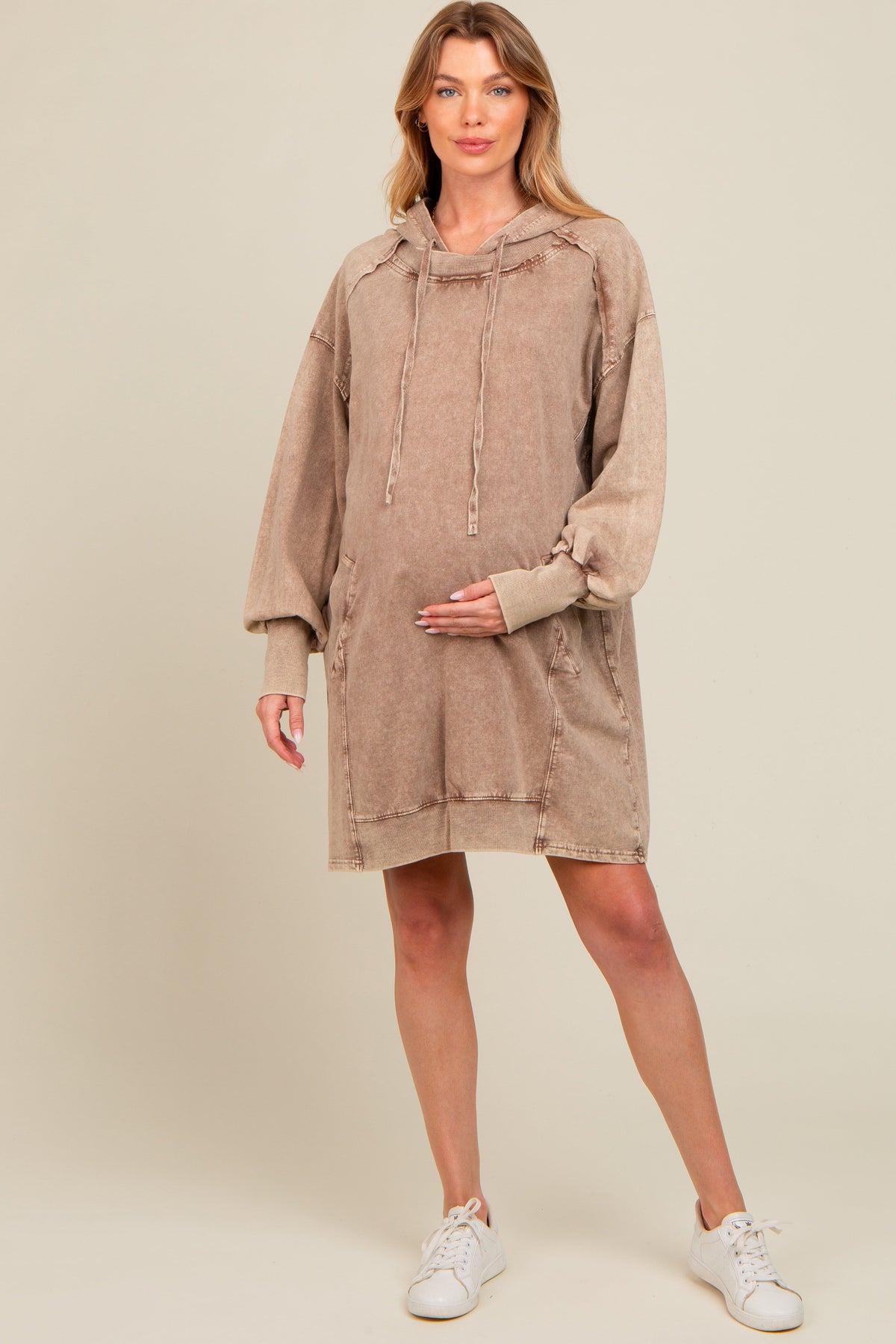 Three Little Tots Mocha Mineral Wash Maternity Hoodie Dress