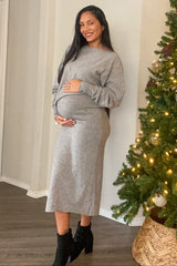 Three Little Tots Heather Grey Knit Asymmetrical Top Midi Skirt Maternity Set, supplementary photo