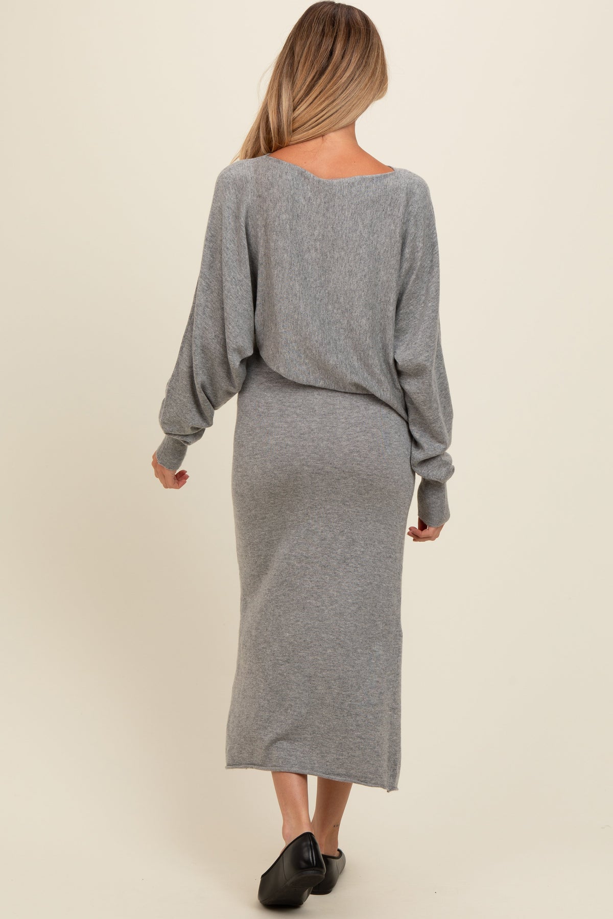 Three Little Tots Heather Grey Knit Asymmetrical Top Midi Skirt Maternity Set, alternate angle