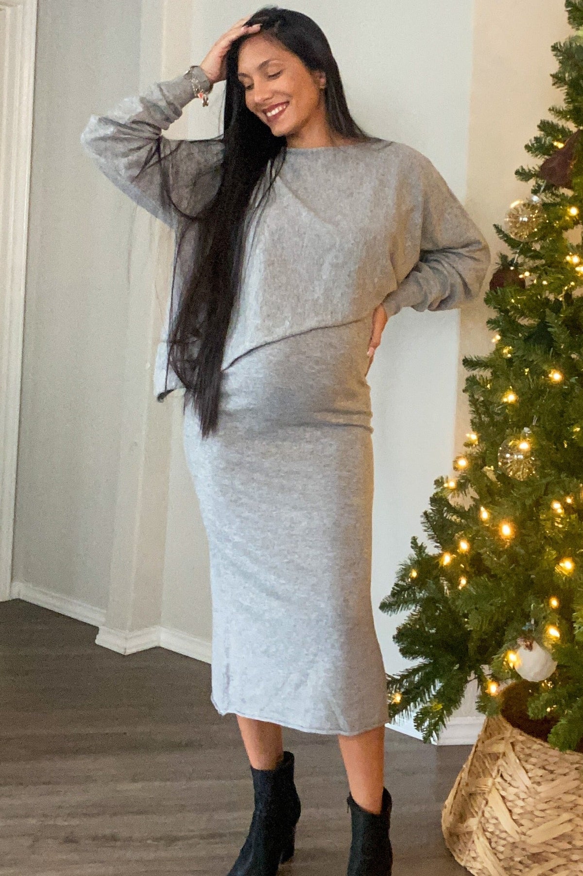 Three Little Tots Heather Grey Knit Asymmetrical Top Midi Skirt Maternity Set, additional view