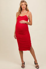 Three Little Tots Red Rhinestone Sleeveless Ruched Mesh Maternity Midi Dress, alternate angle