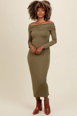 Three Little Tots Olive Foldover Off Shoulder Long Sleeve Maternity Midi Dress, additional view