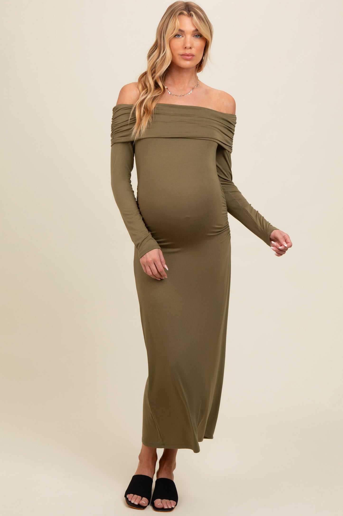 Three Little Tots Olive Foldover Off Shoulder Long Sleeve Maternity Midi Dress, additional product photo
