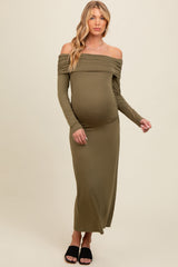 Three Little Tots Olive Foldover Off Shoulder Long Sleeve Maternity Midi Dress, additional product photo