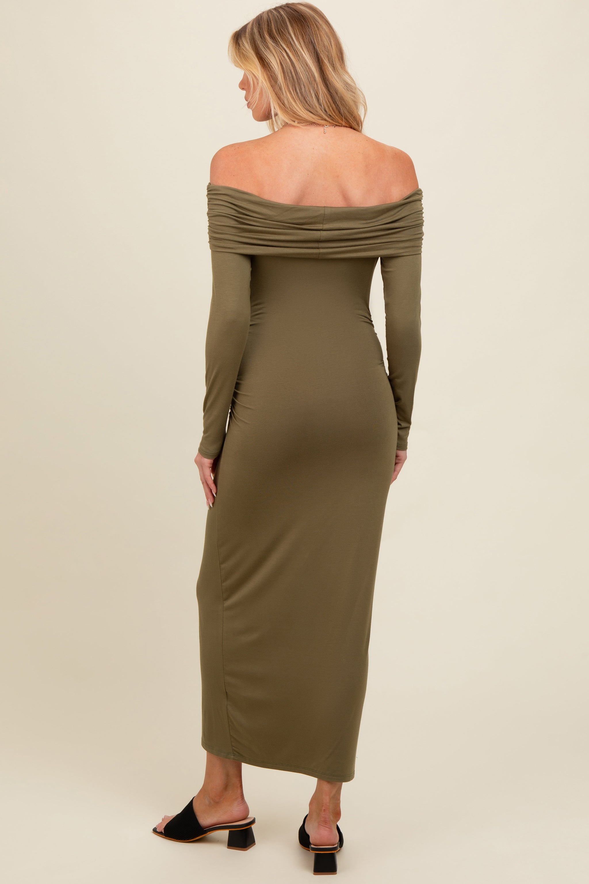Three Little Tots Olive Foldover Off Shoulder Long Sleeve Maternity Midi Dress, alternate angle