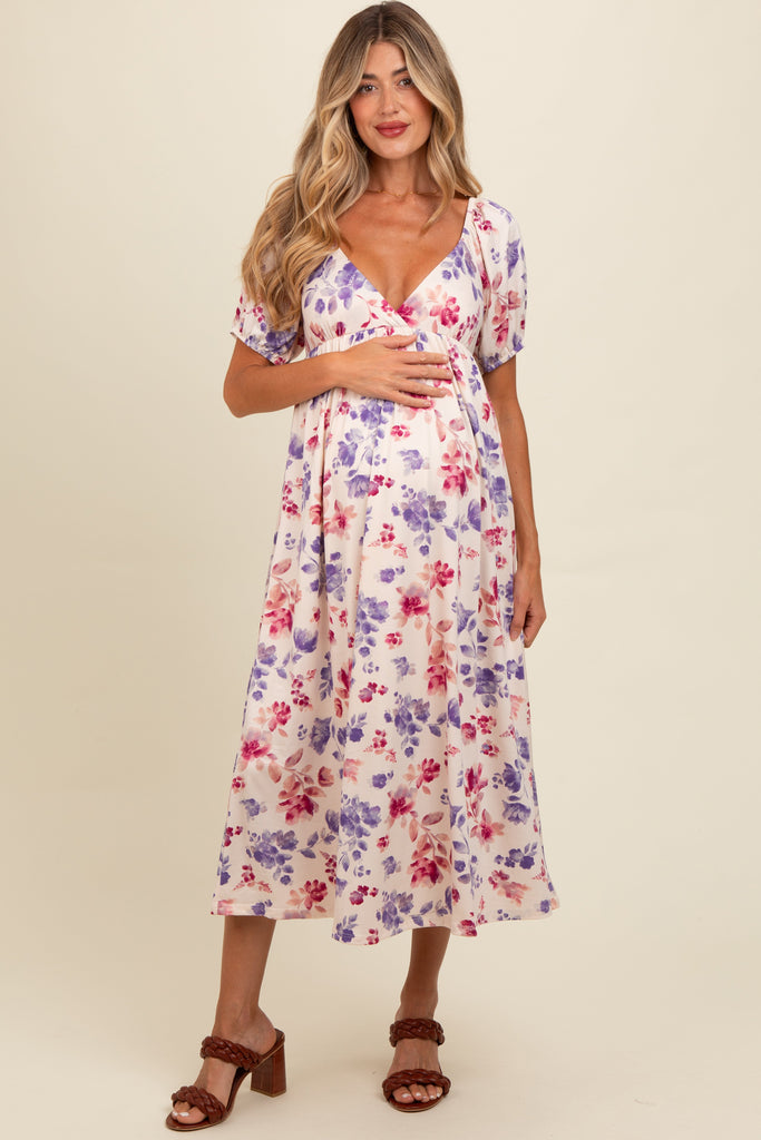 Ivory Floral V-Neck Maternity Midi Dress