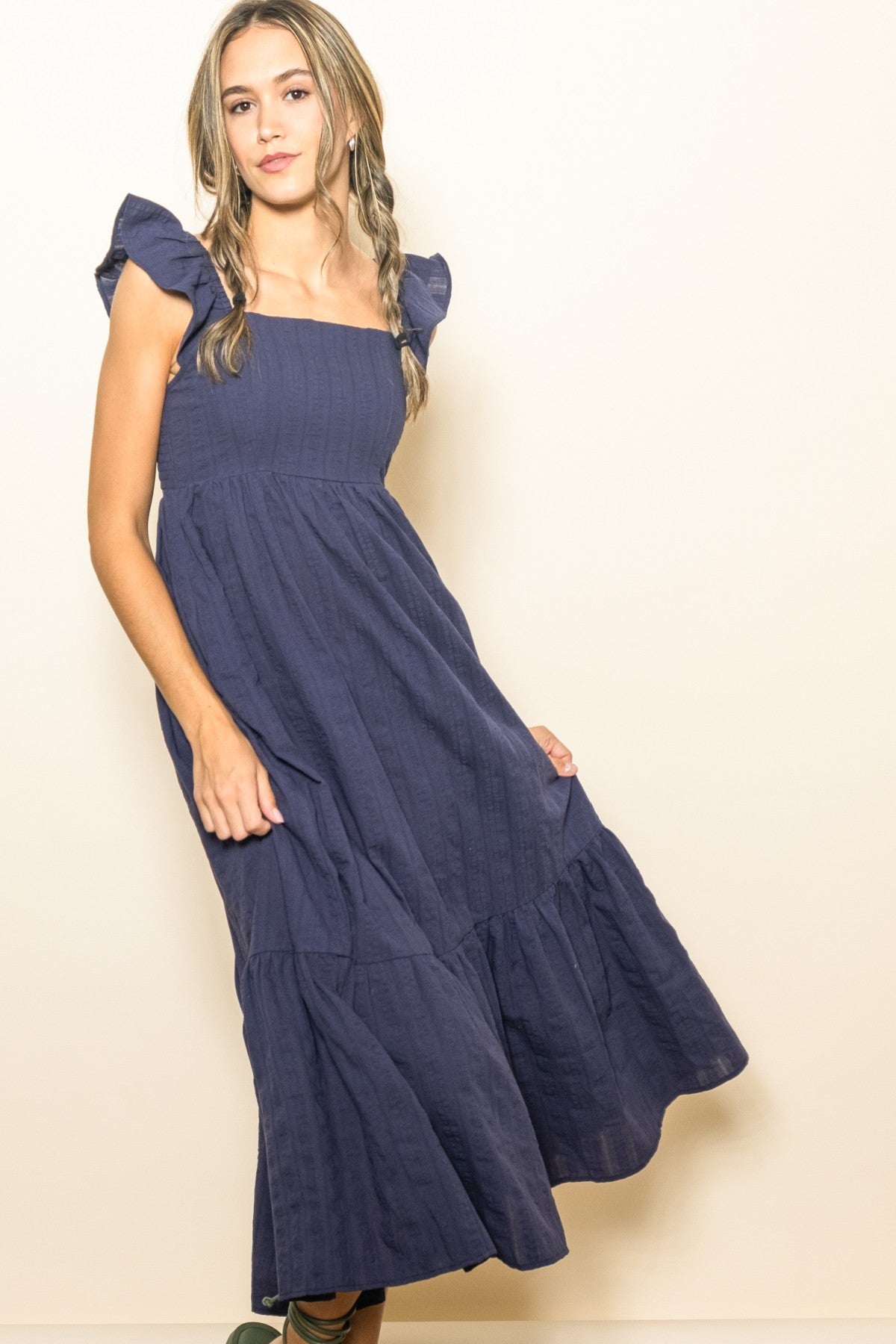 Three Little Tots Navy Blue Textured Cotton Ruffle Strap Maternity Midi Dress, extra product detail