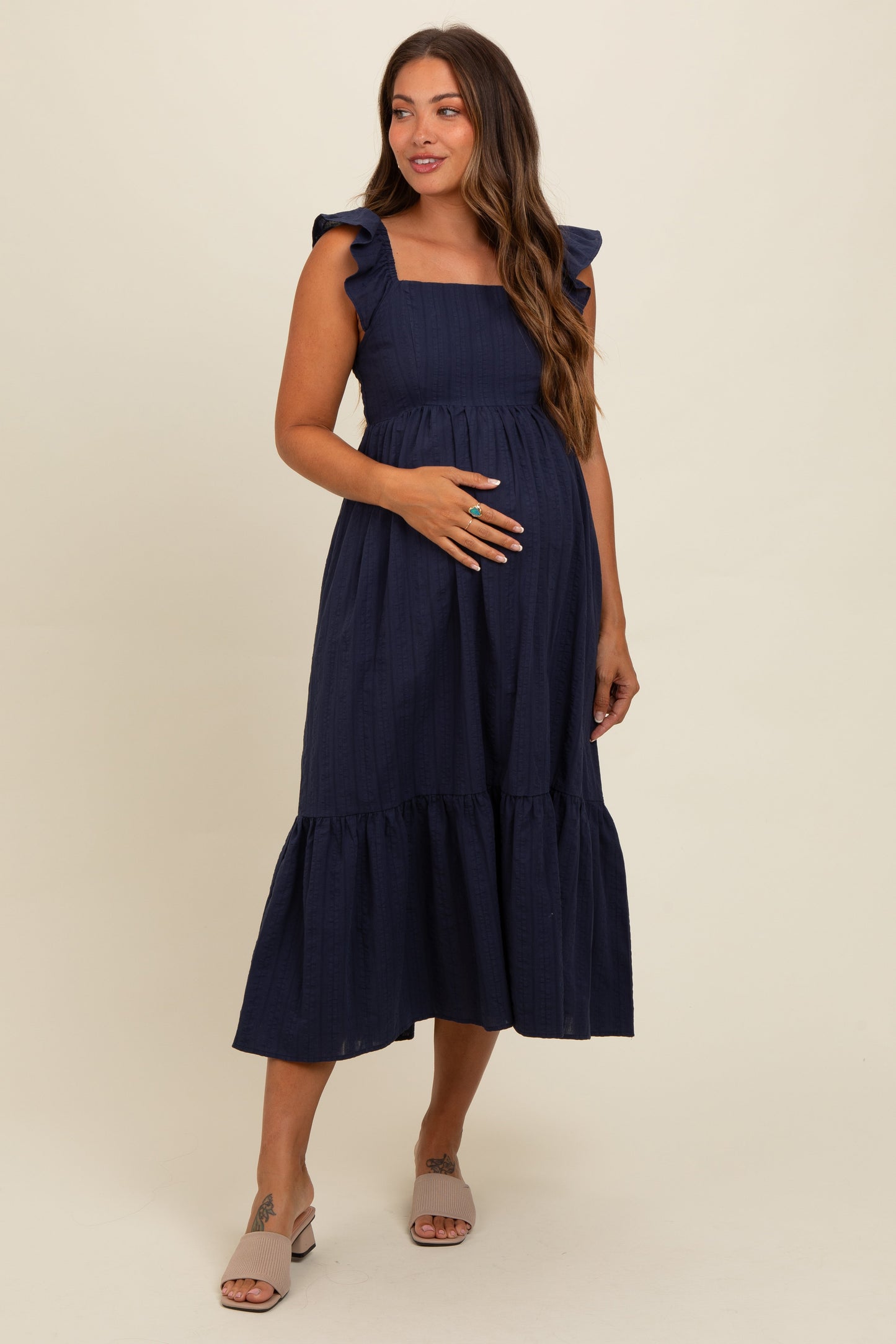 Three Little Tots Navy Blue Textured Cotton Ruffle Strap Maternity Midi Dress