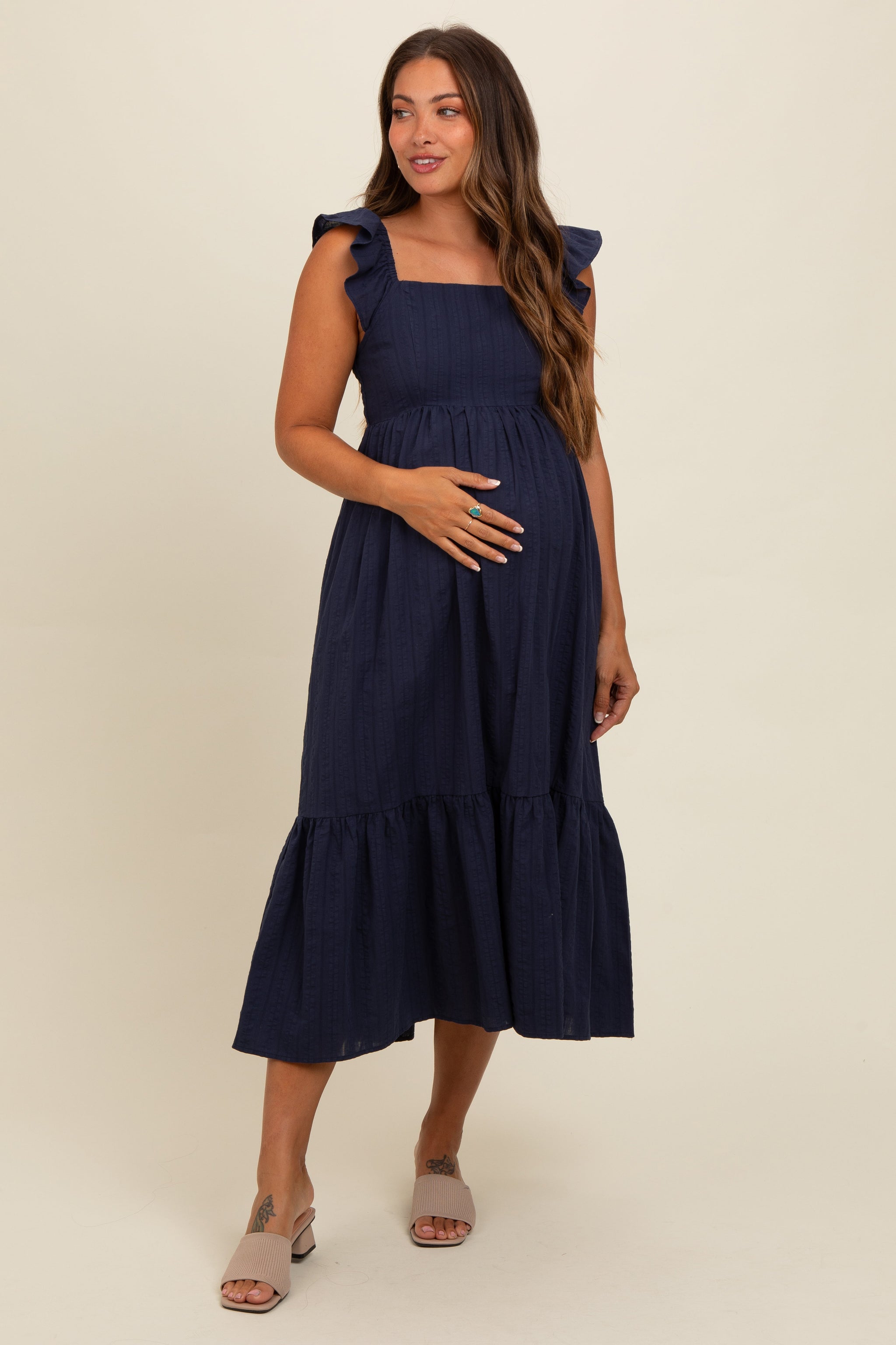 Three Little Tots Navy Blue Textured Cotton Ruffle Strap Maternity Midi Dress