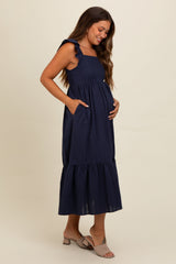 Three Little Tots Navy Blue Textured Cotton Ruffle Strap Maternity Midi Dress, additional product photo