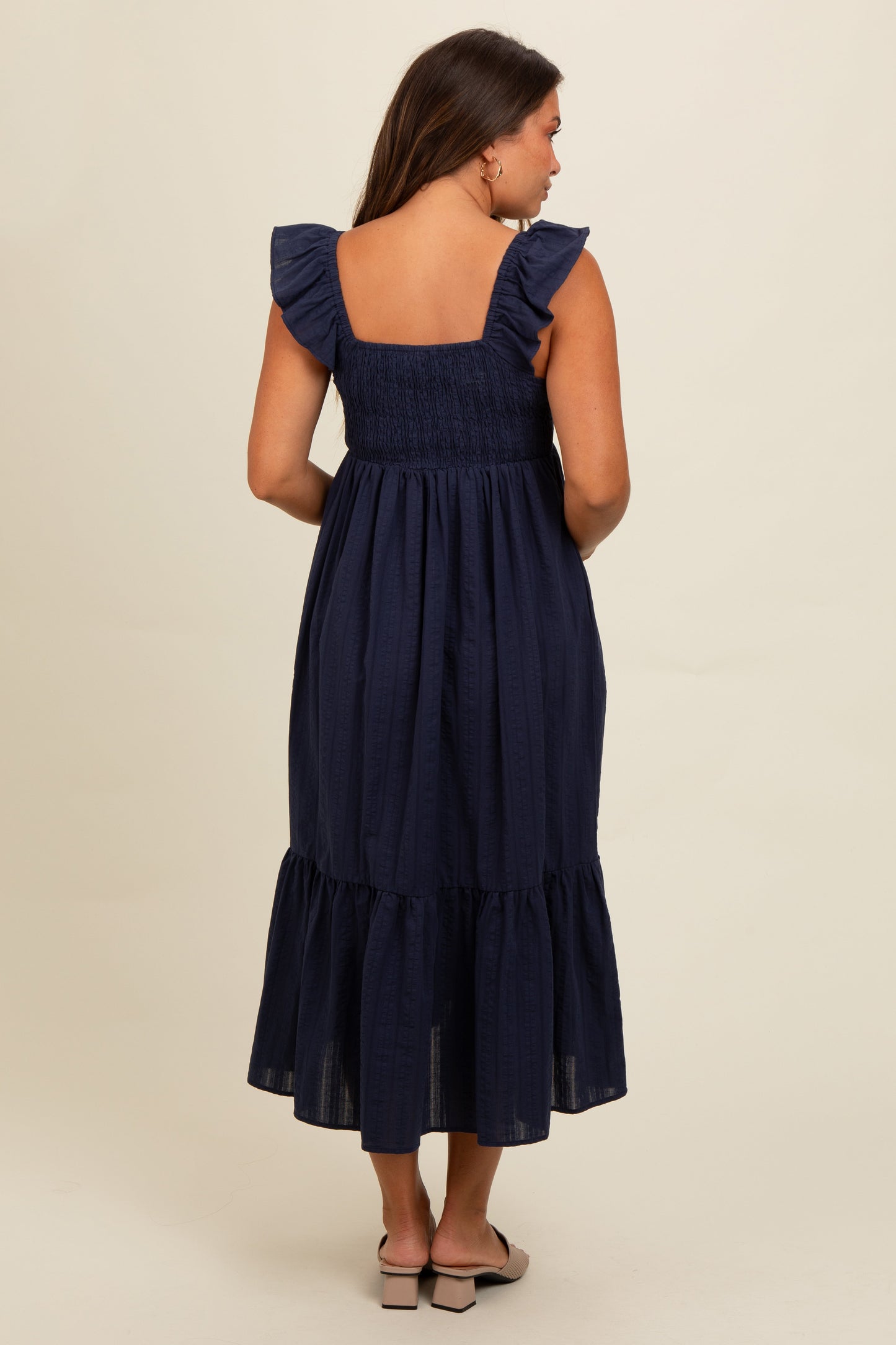 Three Little Tots Navy Blue Textured Cotton Ruffle Strap Maternity Midi Dress, alternate angle